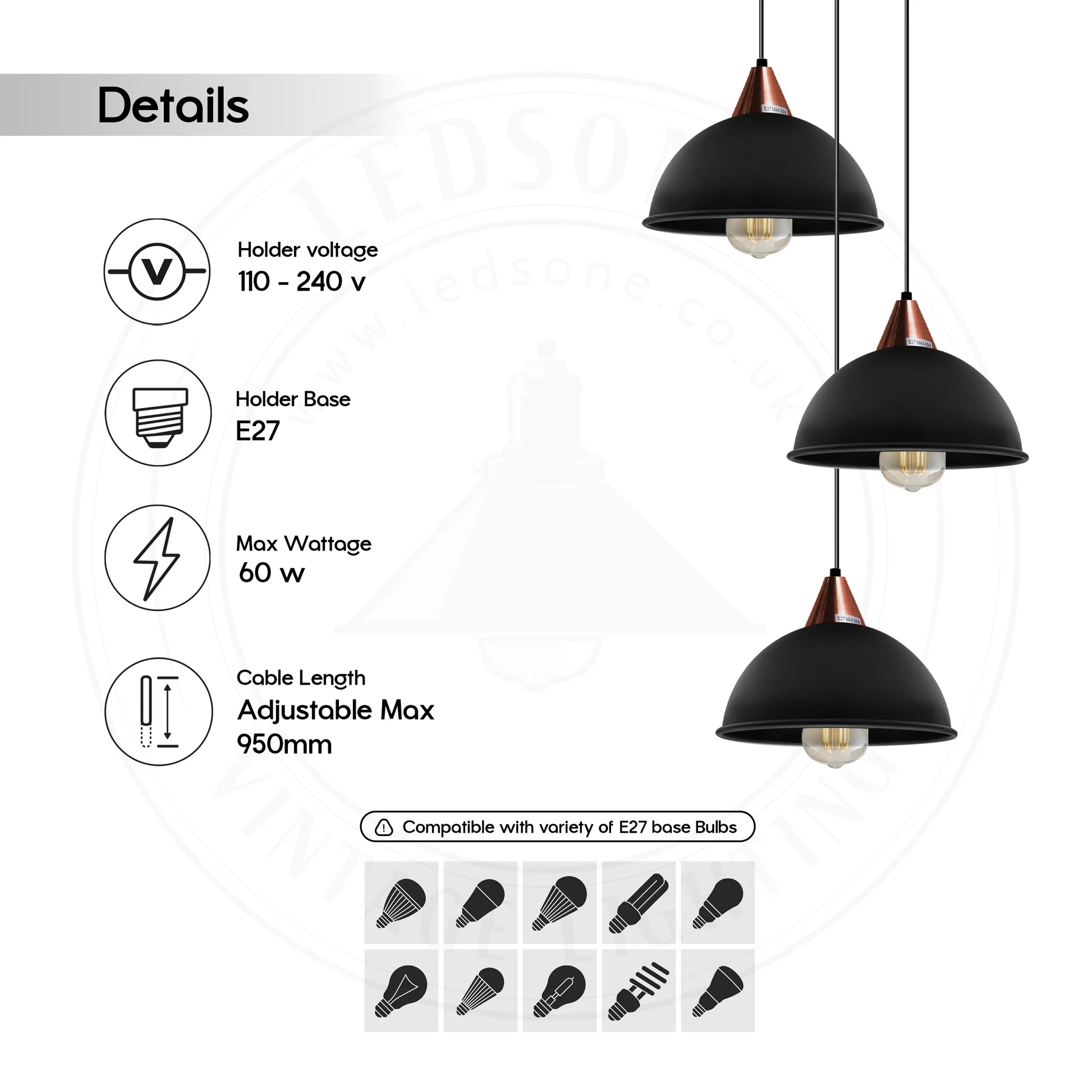 E27  Black Round Three Outlet 21cm Dome Pendant Retro Ceiling Light Shade~4343-1